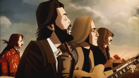 An animated illustration of The Beatles, featuring Paul McCartney, John Lennon, George Harrison, and Ringo Starr playing guitars against a dreamy, psychedelic-inspired background.