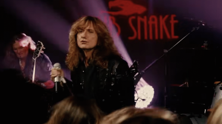 David Coverdale performing live with Whitesnake, holding a microphone on stage under red and purple lights with the band's logo illuminated in the background.