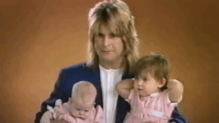 A young Ozzy Osbourne holding his daughters Aimee and Kelly in a vintage clip from the 1980s bloopers show World's Funniest Commercial Goofs.