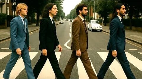 Four men in retro suits walk across a crosswalk in a style reminiscent of The Beatles' Abbey Road album cover, evoking classic 1970s rock band imagery.
