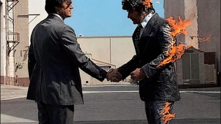 Pink Floyd Wish You Were Here album cover featuring stuntman Ronnie Rondell Jr. set on fire while shaking hands in a staged photo shoot.