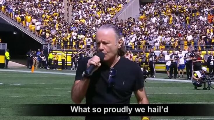 Bruce Dickinson performs the U.S. national anthem at Acrisure Stadium in Pittsburgh before the Steelers vs. Seahawks NFL game, September 2025.