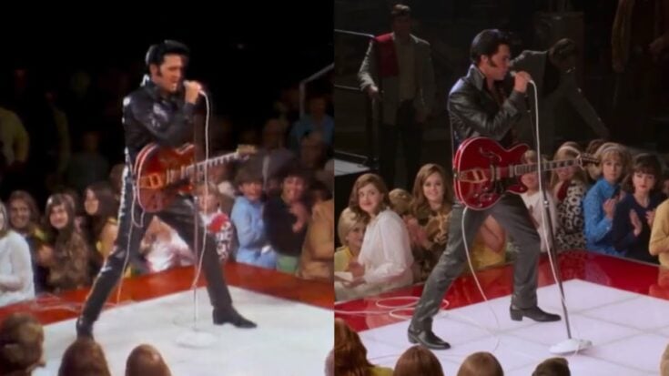 Side-by-side comparison of Elvis Presley’s iconic 1968 Comeback Special performance and Austin Butler’s recreation of the scene in Baz Luhrmann’s Elvis biopic.