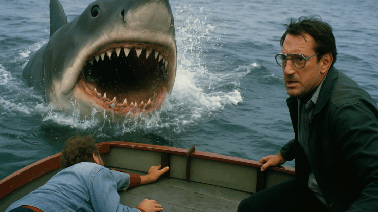 A terrified man on a small boat looks back as a massive great white shark lunges out of the water, recreating an iconic attack scene from Jaws.