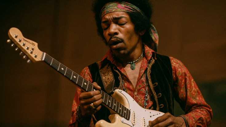 Jimi Hendrix performing live onstage, playing an electric guitar while wearing a patterned shirt, vest, and headband.