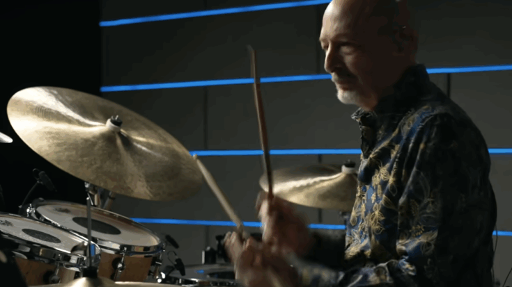 Steve Smith performing on the drum kit during his Drumeo session covering Alice in Chains’ “Would?”, captured mid-groove as he plays with focus and energy.